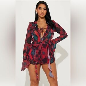 Fashion Nova Red Multi Floral Ruffle Romper